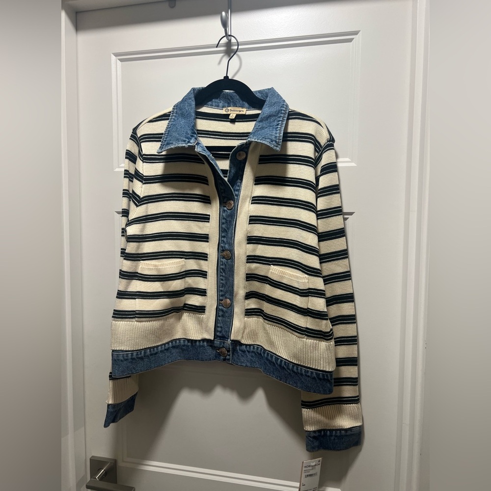 Democracy Cream and Navy Striped Jean Jacket